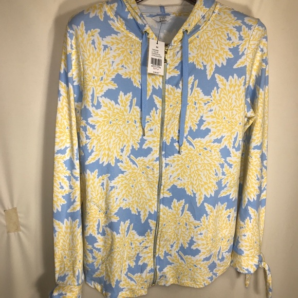 Crown & Ivy Blue Yellow Floral Cotton Spandex Hoodie Size Medium Nwt - Picture 6 of 7